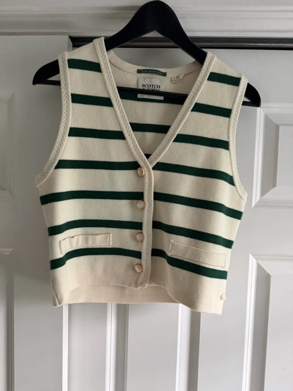 Scotch & Soda Cream Sweater Vest with Green Stripes